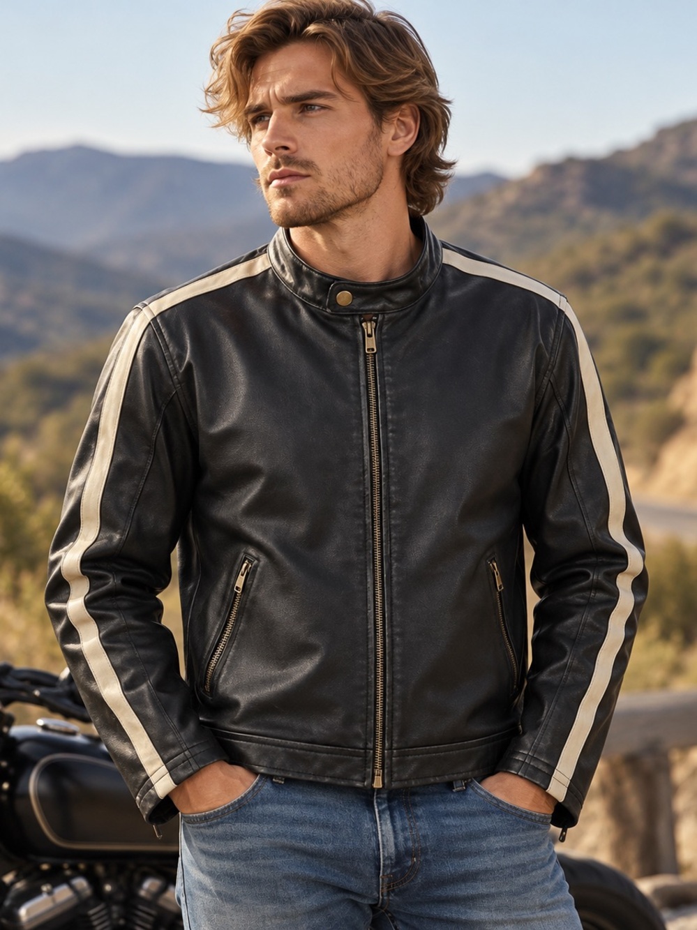 Arizona Jean Co Mens Faux Leather Cafe Racer Moto Jacket Black Cream Stripe Sz L